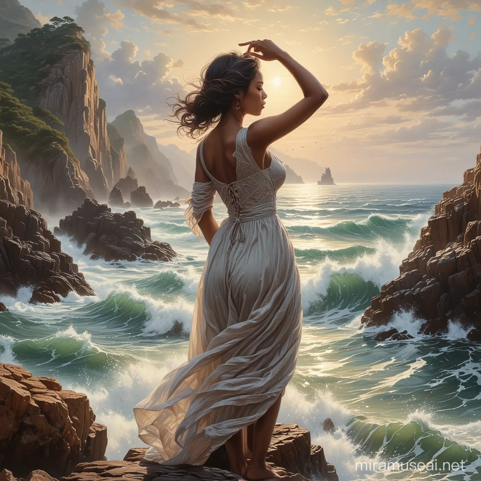Hands up fixing hair.The image is a painting of a person wearing a dress. It depicts a human face and is a portrait of a lady.The image depicts a large rock in the water. It showcases a rocky coastal or oceanic landform jutting out into the sea. The scene captures the natural beauty of the landscape with fog in the background.Black woman beautiful face is shown.  The woman's body parts such as chest, thigh, stomach, and abdomen are visible.painterly smooth, extremely sharp detail, finely tuned detail, 8 k, ultra sharp focus, illustration, illustration, art by Ayami Kojima Beautiful Thick Black