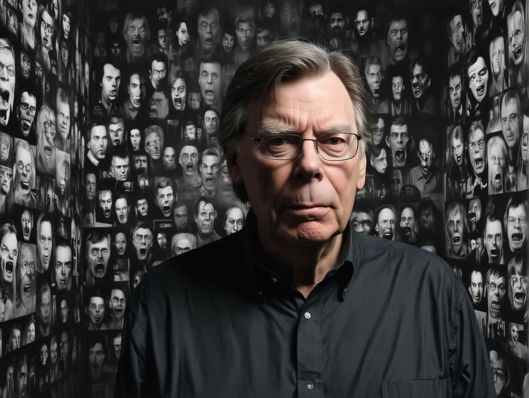 Stephen King with horror images behind him


