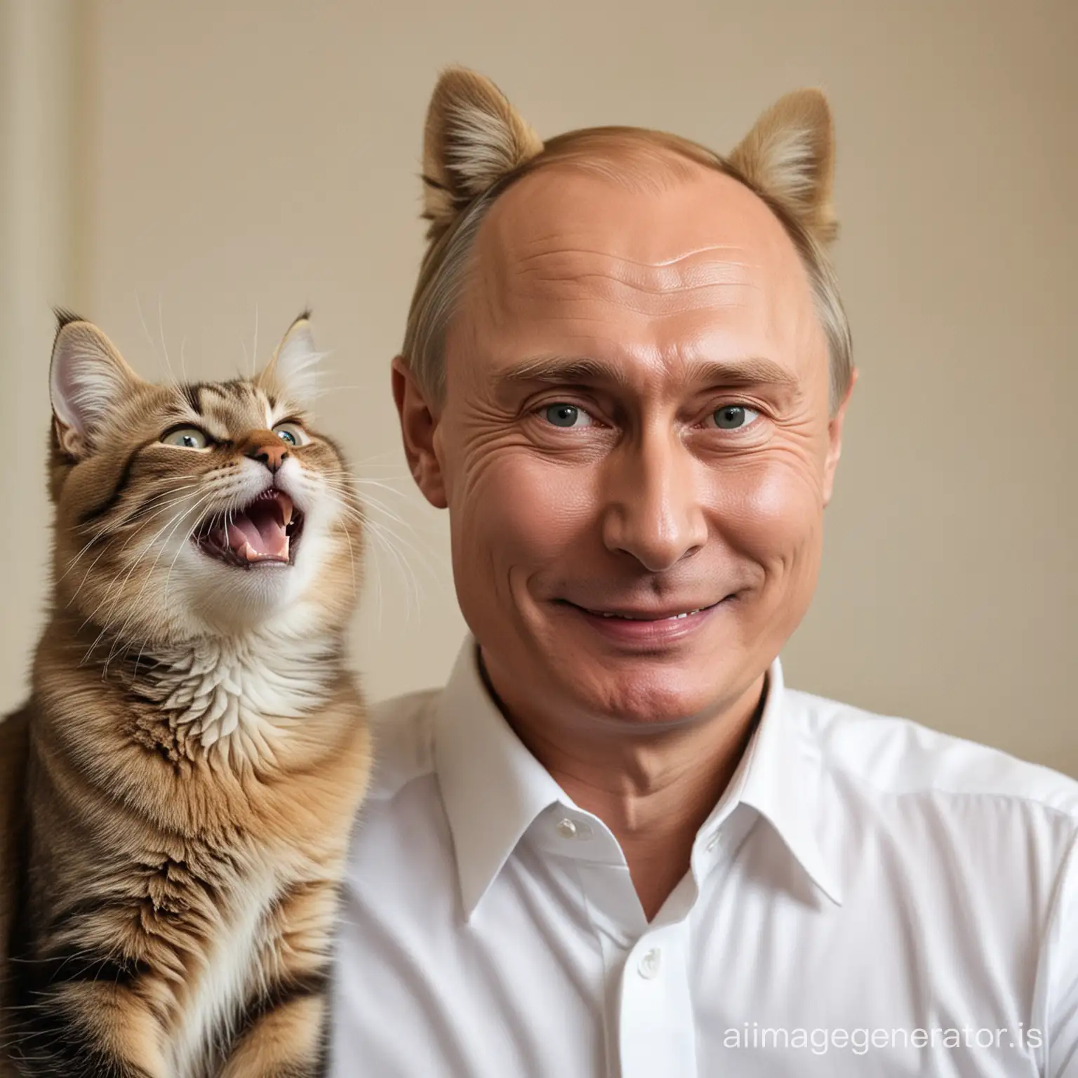 Putin-with-Silly-Grin-Looking-Up-at-Cat-on-His-Head
