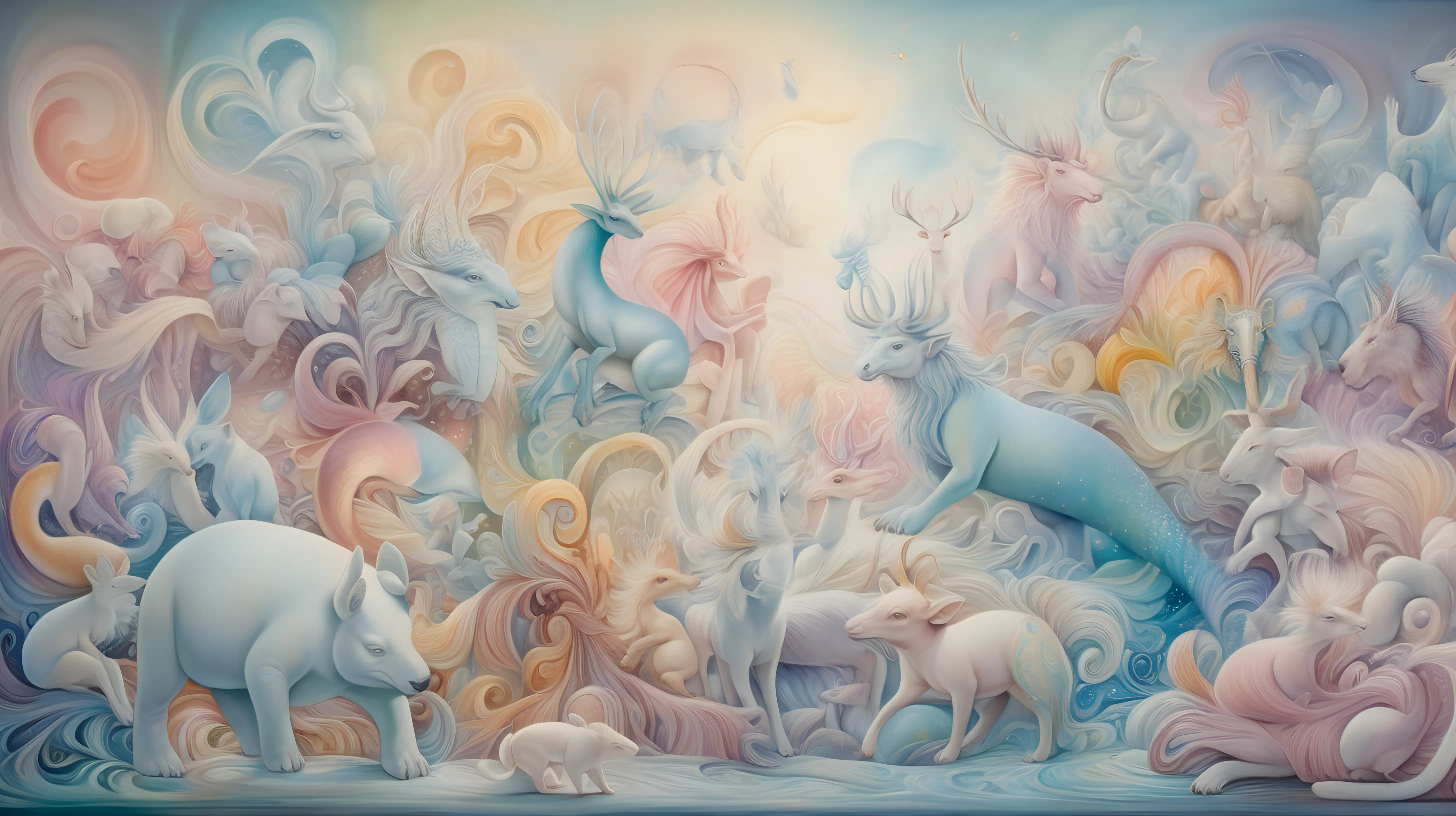Paint a surreal dreamscape where fantastical creatures roam across a white wall canvas, their forms swirling together in an intricate dance of pastel colors and ethereal light, inviting viewers into a world of imagination and possibility.