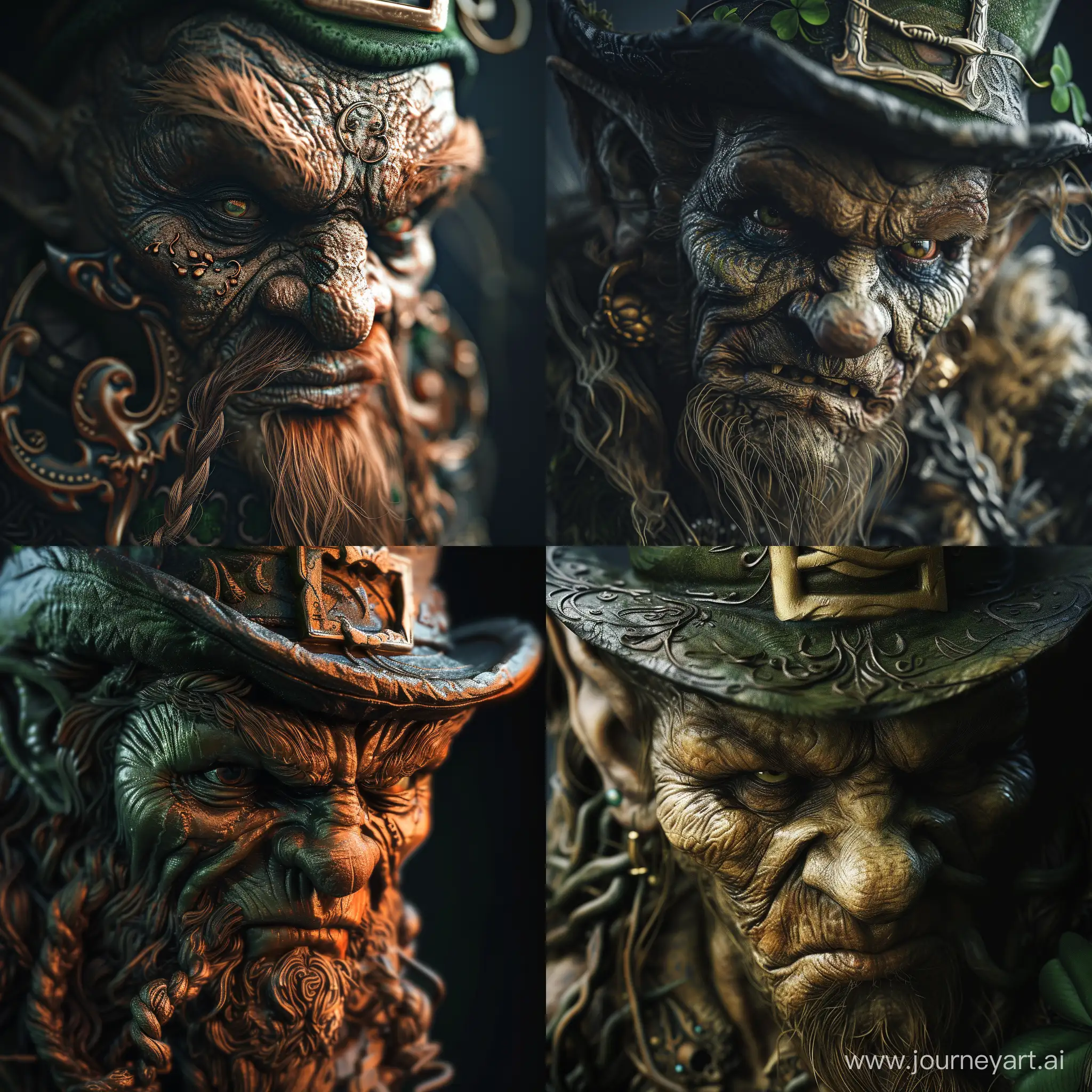 Close up Creepy leprechaun. Ornate details. Dark contrasting colors. Grotesque style image. Incredibly detailed.