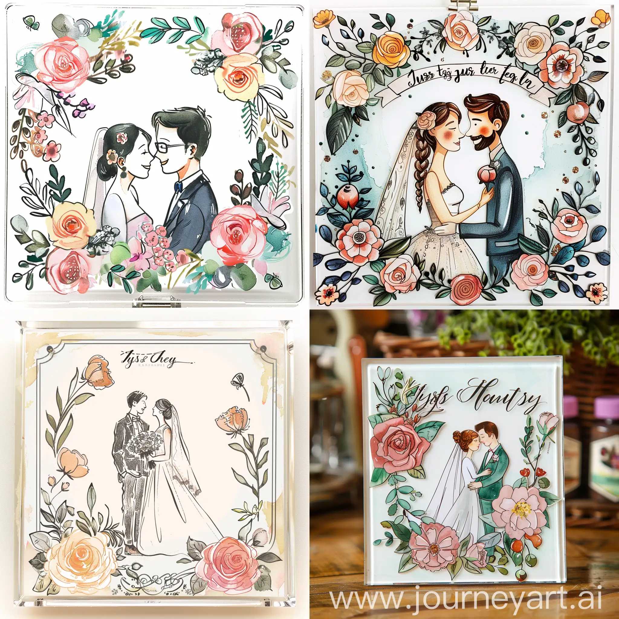 Beautiful detailed watercolor floral acrylic plaque design template inside a beautiful drawing of a just married couple