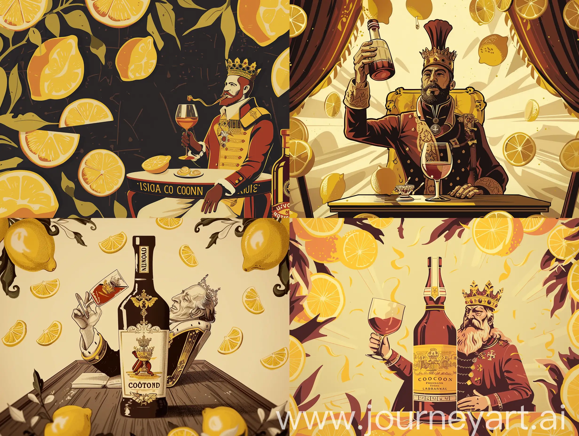 A bottle of cognac, the label depicts the king of ancient Austria sitting at a table and drinking cognac from a glass, around a nuanced ornament of lemon slices, vintage style, flat illustration, comic