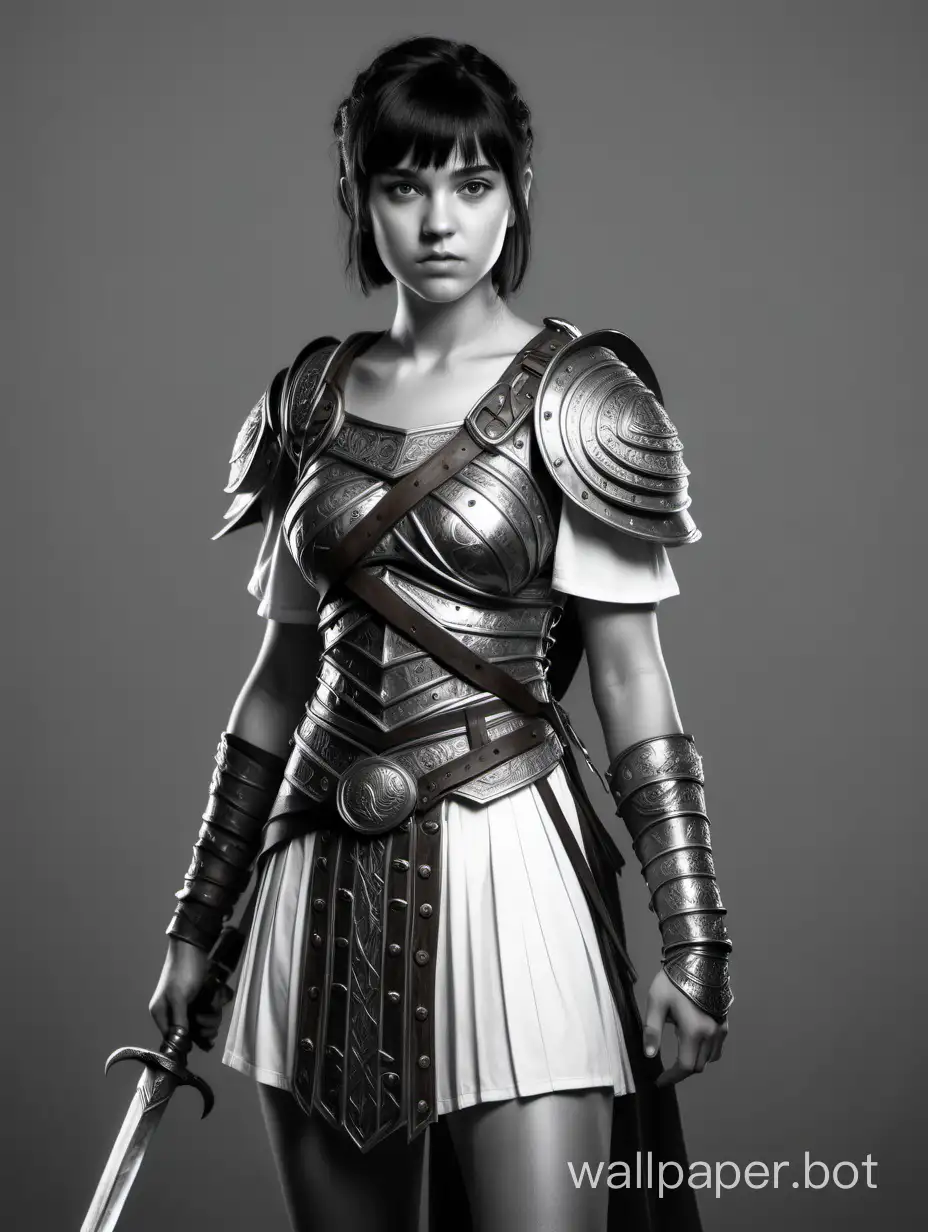Agniya Ditkovskite, 20 years old, Amazon gladiator girl. Dark short hair with bangs. Young, 20 years old. Clothing resembling that of an aristocrat. In her hands, a staff made of black wood with engravings. D&D character. Realistic picture, 4k, black and white sketch, white background, full-length
