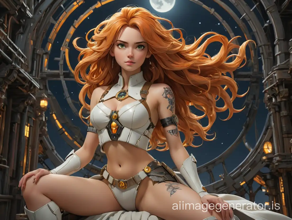 Striking-OrangeHaired-Woman-in-White-Leather-Harness-Seated-on-Megastructure-under-Night-Sky-Galaxy