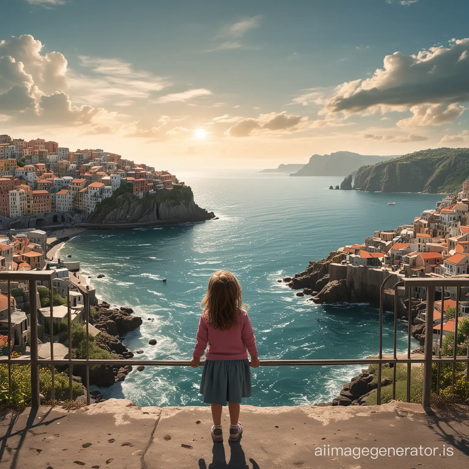 A Little girl in a city looking across sea at a human on an isle