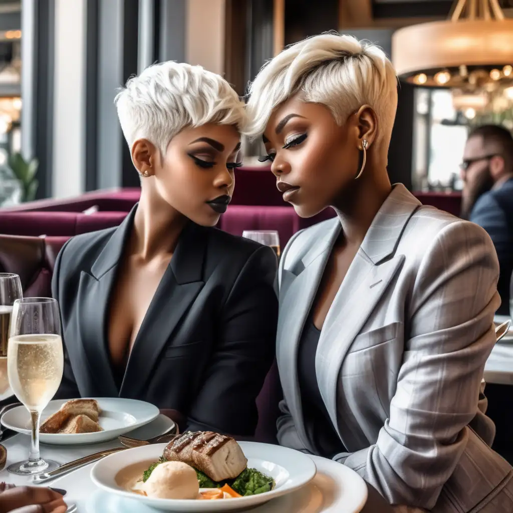Stylish Black Woman with Platinum Blonde Pixie Haircut Enjoying Winter Lunch with Bestie at Luxury Restaurant