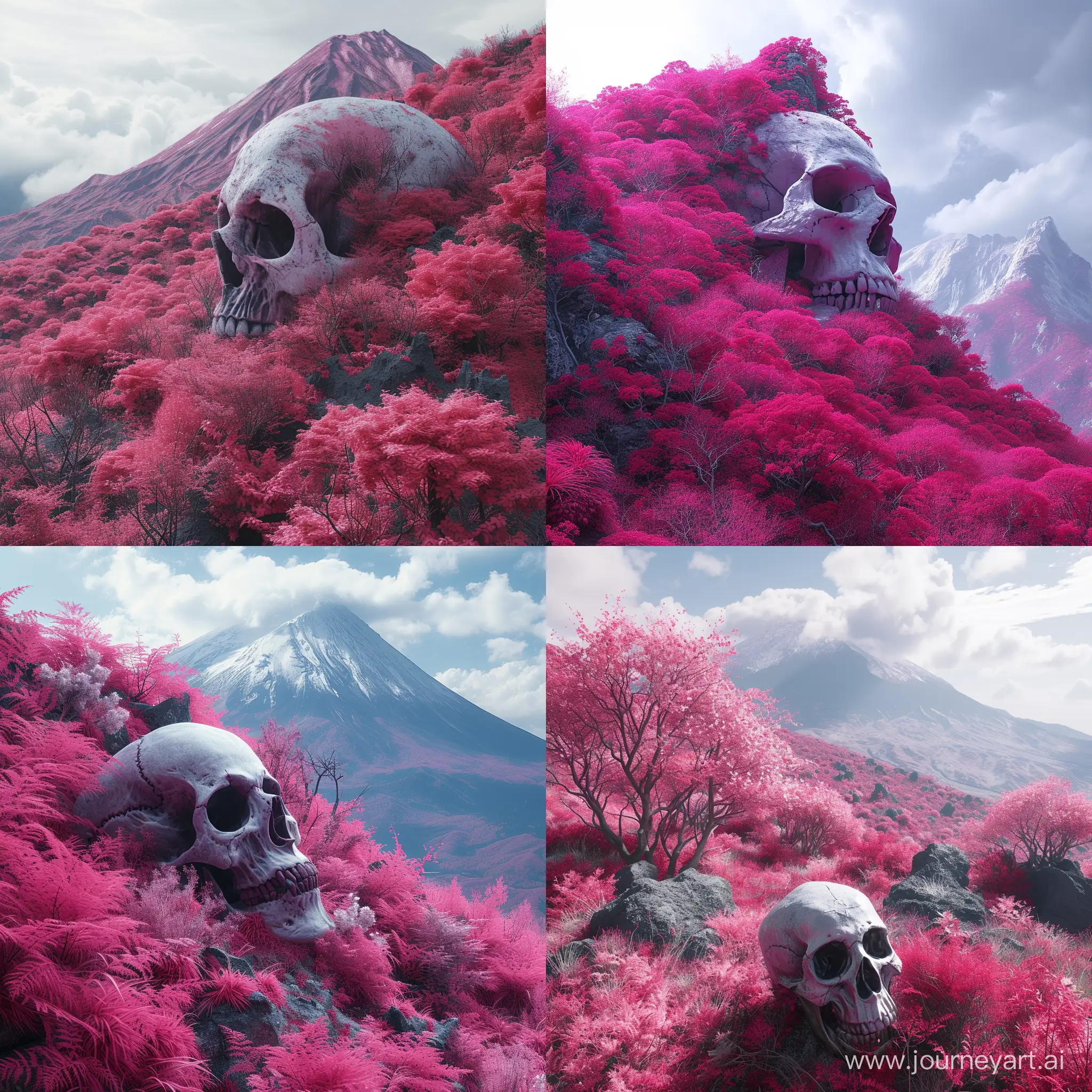 A mountain in Japan where all the vegetation is pink, the skull is very well detailed, 8k Ultra HD, hyper realistic