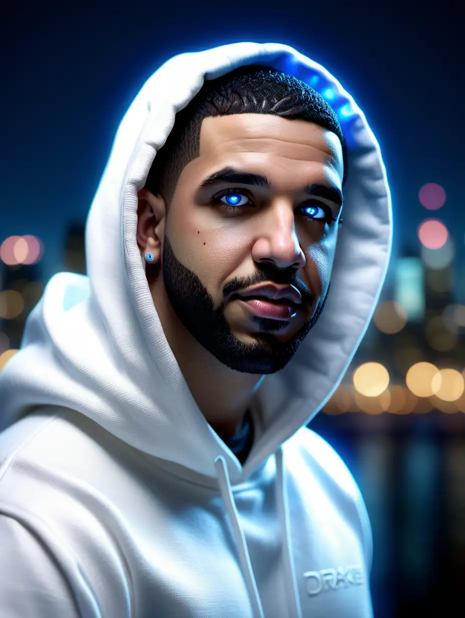 Rapper Drake as an human robot, ultra realistic, with blue glowing eyes, detailed eyes, wearing a white hoodie, head and shoulders photo , soft light on face, glowing lights, city in the background at night, bokeh background, hyper realistic, very high detail, 4k, photorealistic