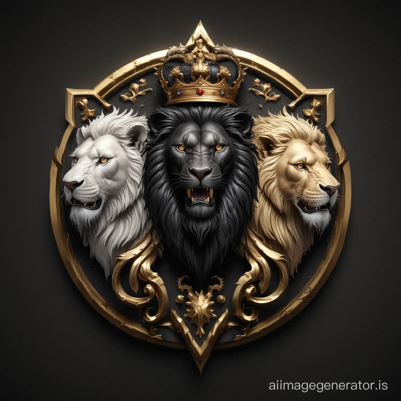 Логотип три льва: в середине черный лев, по бокам золотой и белый львы. Сила, мощь, величие, рык, власть. Векторная графика, стиль реалистик фэнтези, 4K, иллюстрация, черный фон.