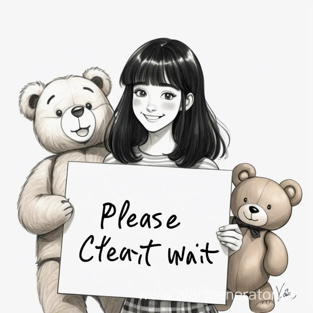 Smiling-20YearOld-Girl-with-Black-Hair-Holding-an-Empty-Sign-Beside-a-Plush-Bear-Sketch-Style
