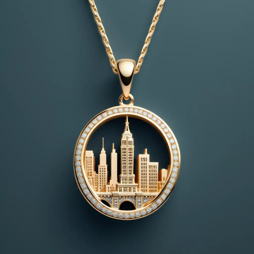 a beautiful pendant(only gold and small diamonds)of new york city, brooklyn bridge, statue of liberty, dumbo, empire building, central park, chic, wave,small, unique, fashion, cool, ui,ux, ui/ux, website--v 4--ar 2:3
