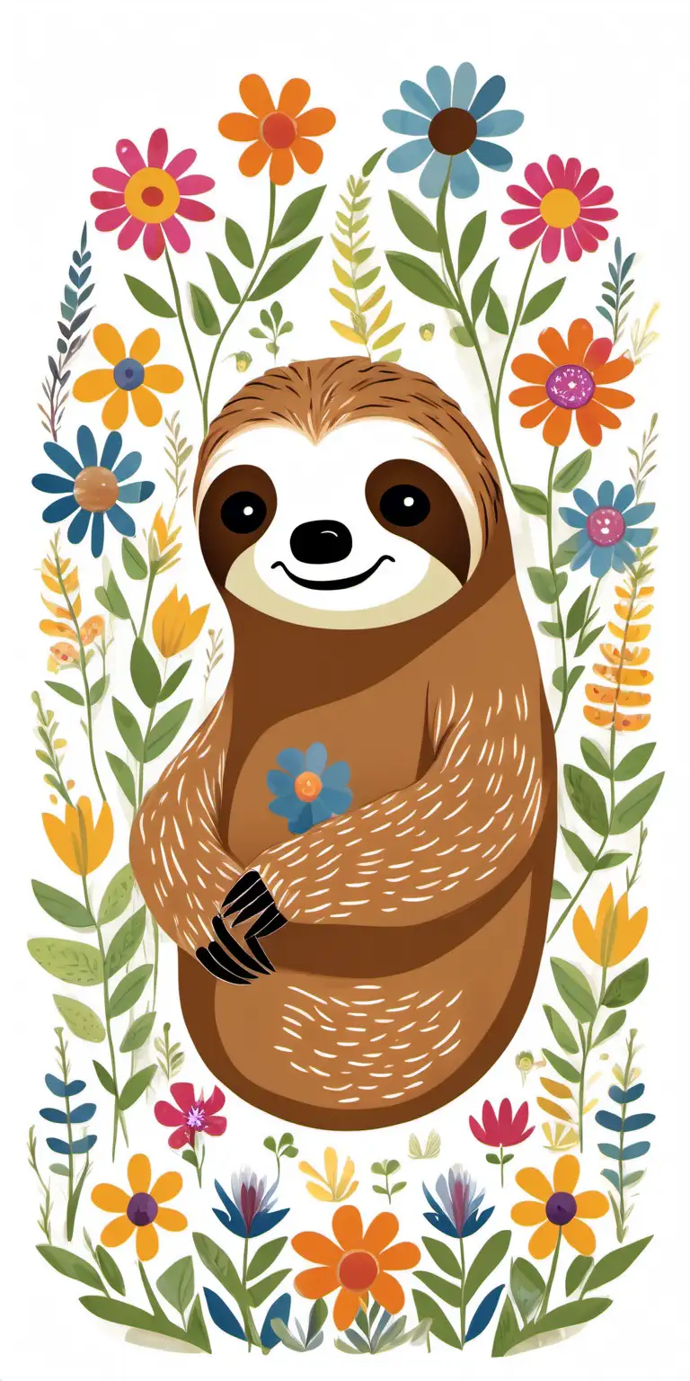 Whimsical Folk Art Illustration of a Sloth Amid Wildflowers on White Background