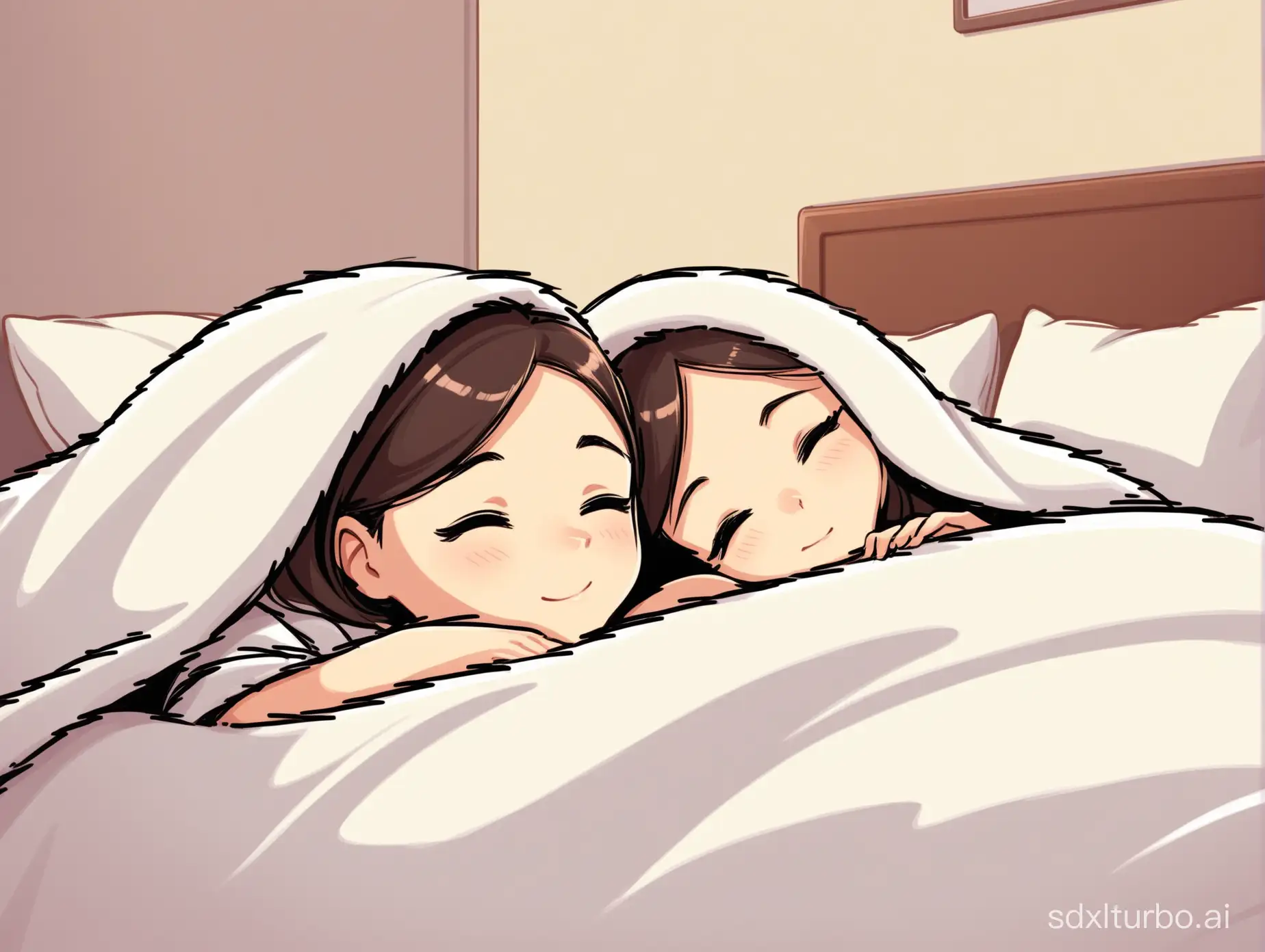 Cartoon picture, bedroom background, husband and wife lying on the bed, covered with a blanket, heads resting on pillows.