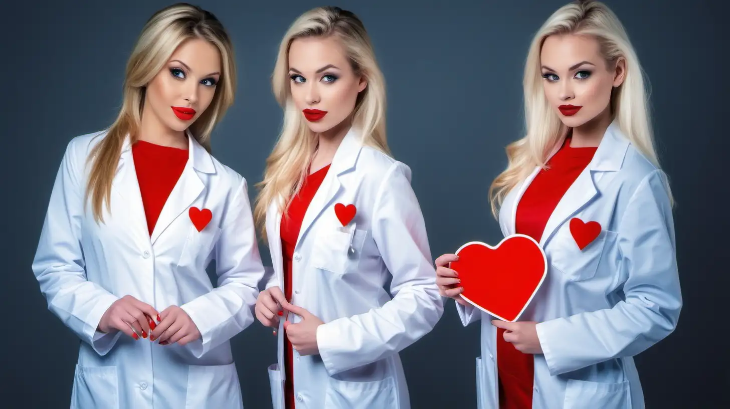 Radiant Blond Girls in Lab Coats with Red Valentine Heart