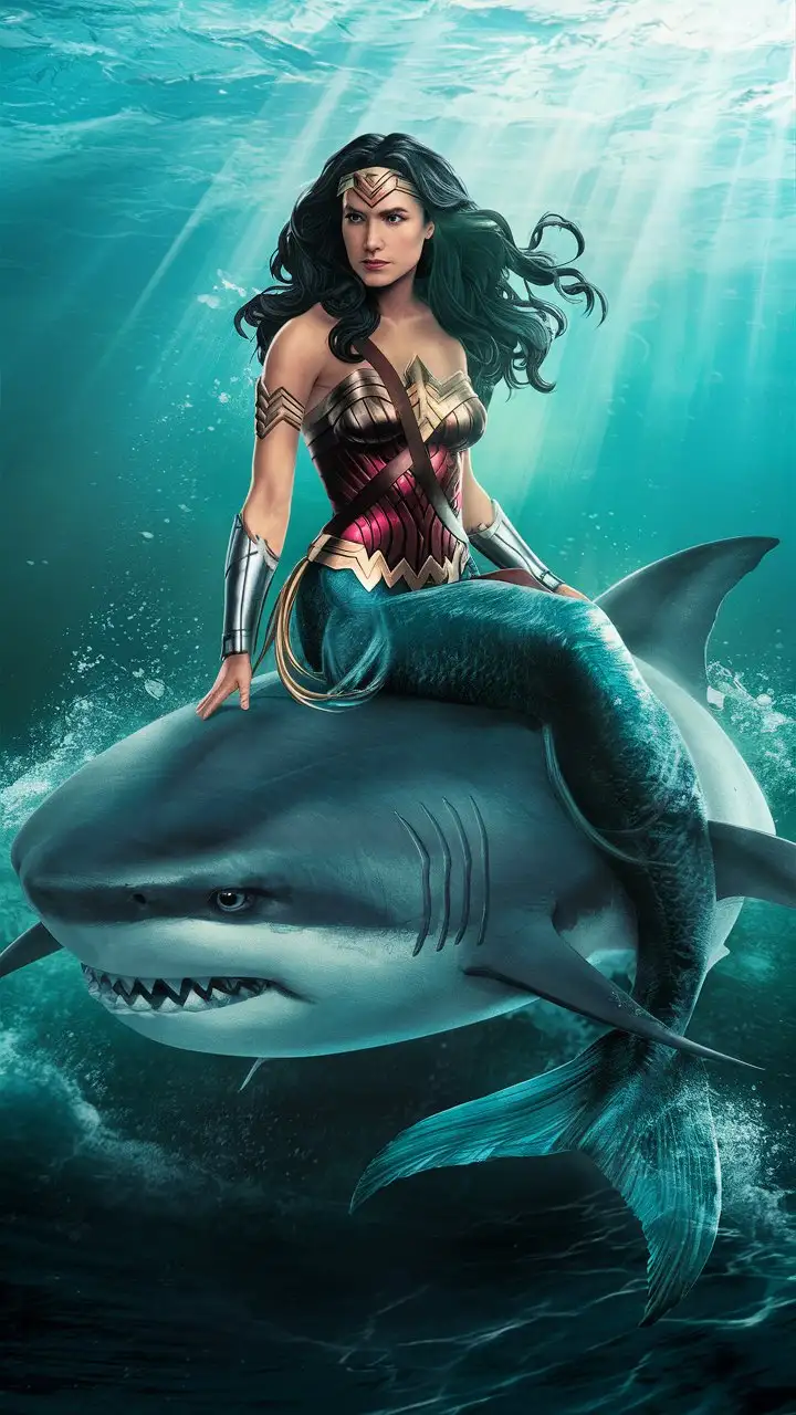 Wonder woman as a mermaid sitting on a shark 