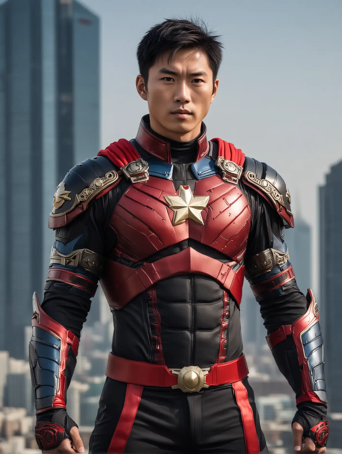 super hero chinese male , looking straight at the camera ,
dressed in super hero suit with belt the suit in black, little red and little blue , armor , belt, in eclipse skyline waist up 


