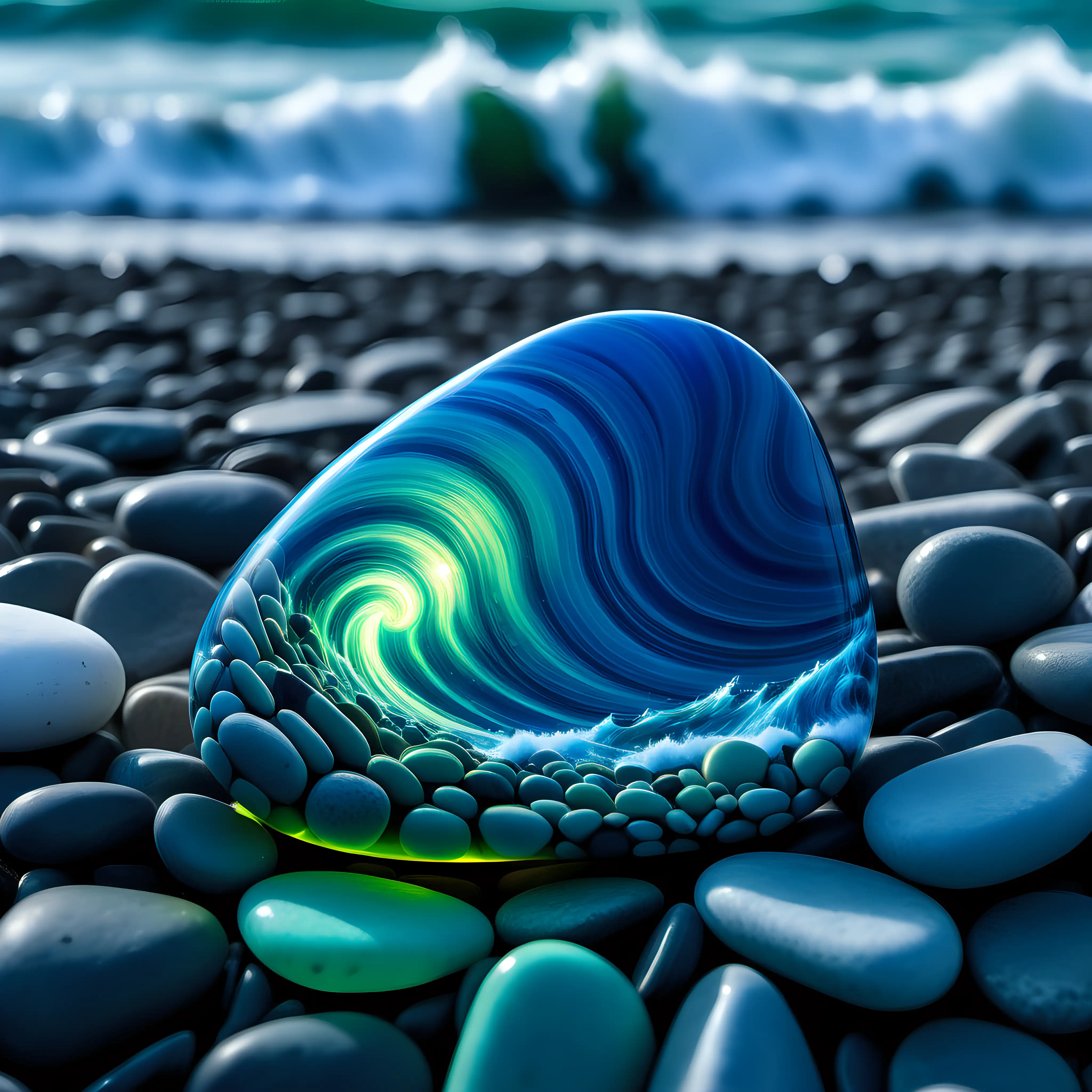 A glowing variegated blue on green pebble stone on a background of giant tidal wave 
