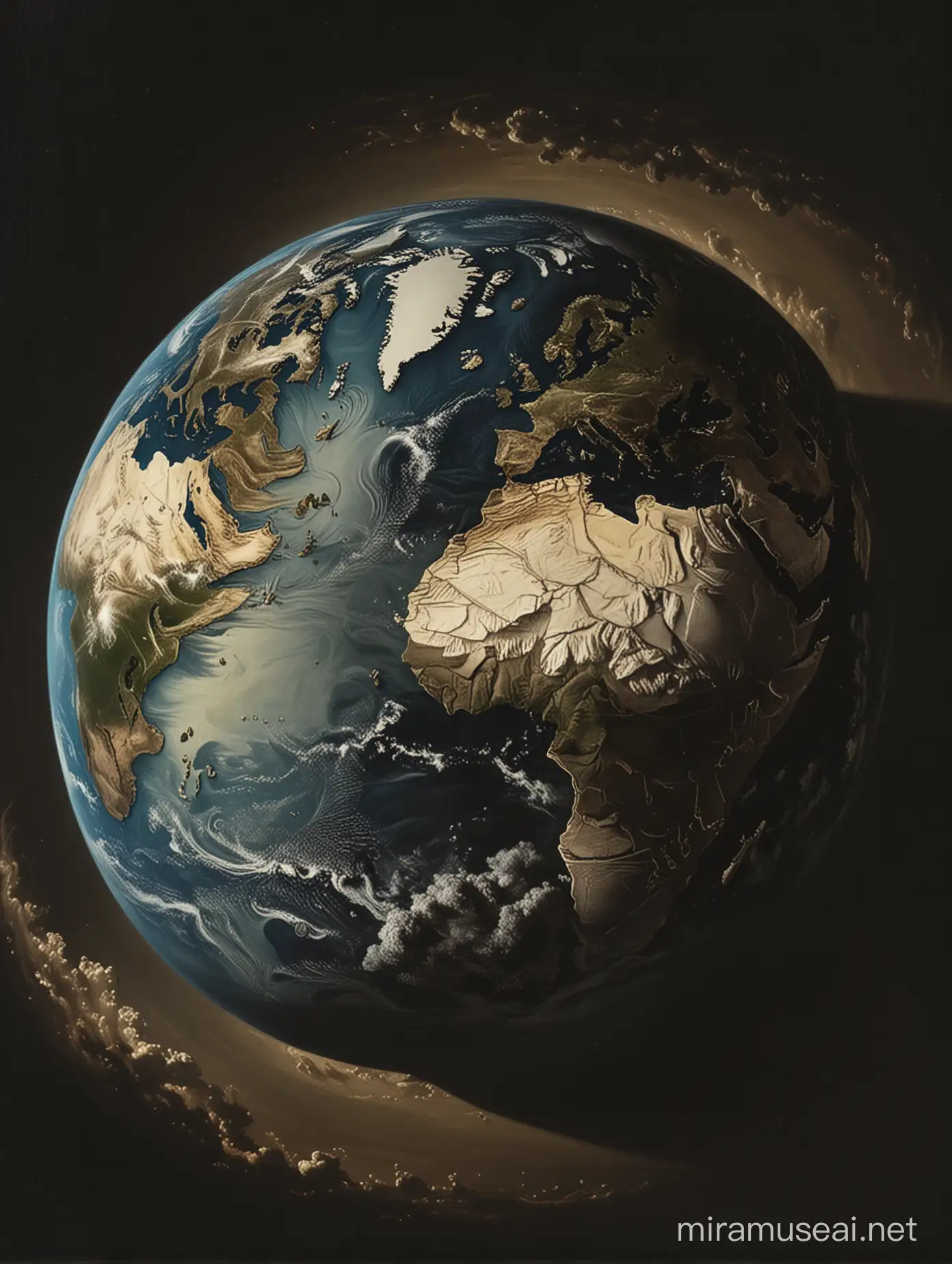 A view of the Earth taken from the Moon in the style of 1600 century painter Caravaggio.
