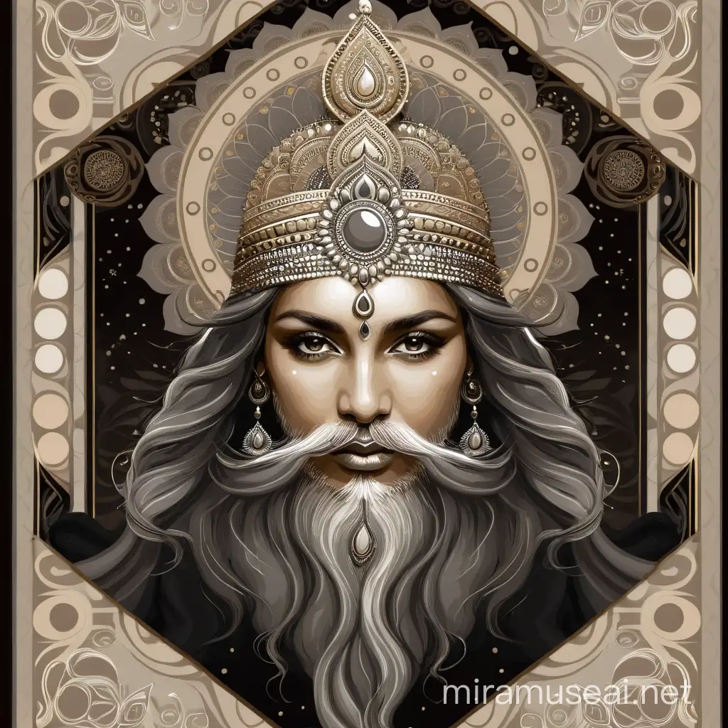Изобразить по плечи красивую женщину без усов, богиню Гармонии 40 лет в бежевом и сером цветах с длинными волосами в индейском стиле, с кругами на заднем фоне
