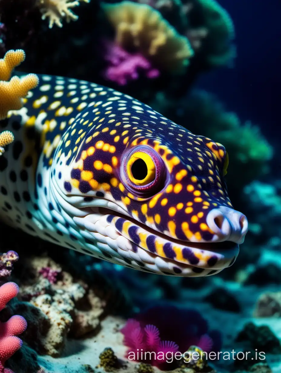 Underwater scene of close-up of a speckled moray eel in a colorful detailed coral reef, dramatic cinematic lighting realistic colors