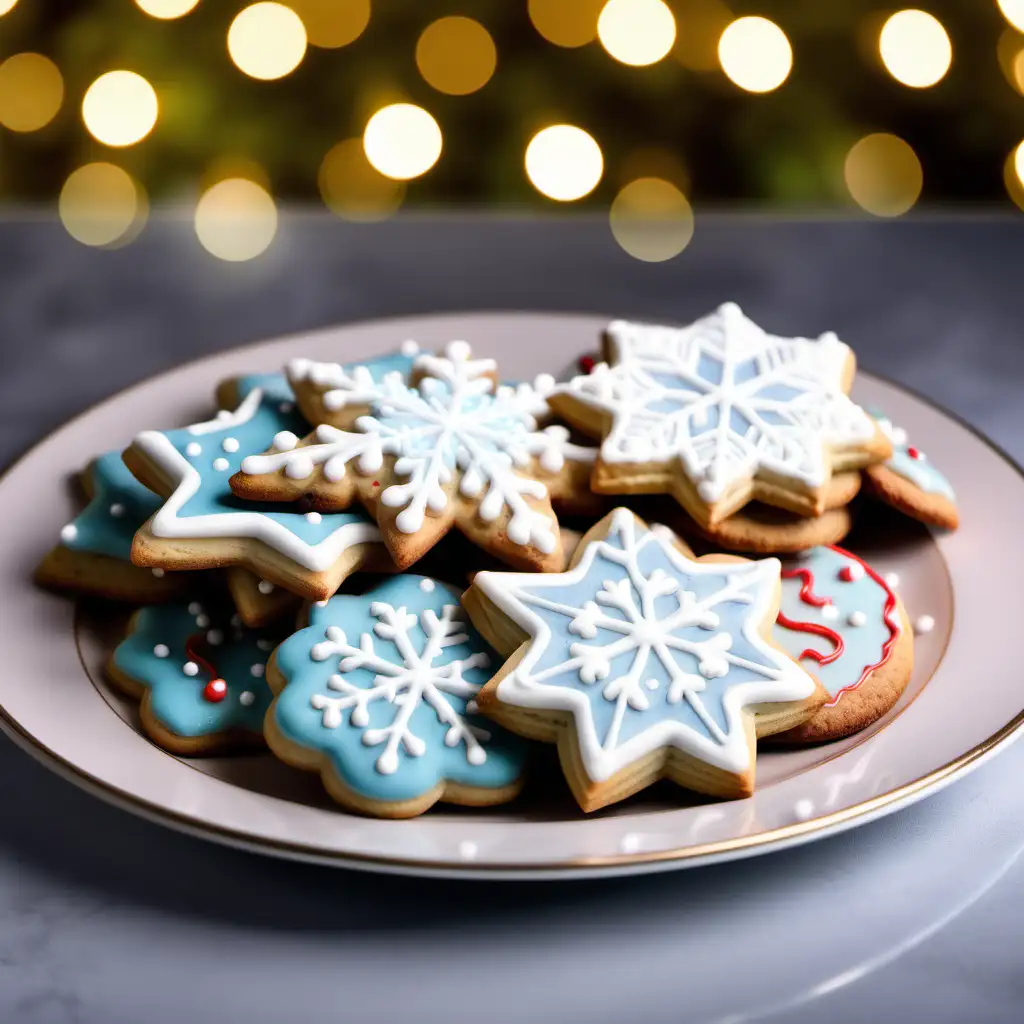 Festive Plate of Ten Christmas Cookies with Icing in Defocused Lights