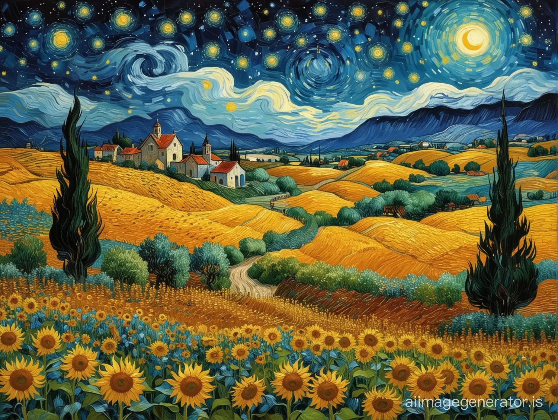 a high-quality symbiosis of van Gogh's "Starry Night" and "Sunflowers" paintings with bright colors and swirling strokes, with starry night skies, a peaceful village and rolling hills. The picture should dominantly show sunflower field. the Scene should evoke a sense of calm and beauty, with a touch of impressionism and expressionism. Colours should be rich and bold, with quality similar to sleep. The general composition should be balanced and harmonious, reflecting the essence of the landscape, which is felt both habitually and otherworldly. The image should be detailed, with intricate textures and layers that add depth to the painting. This work should be suitable for gallery display, showcasing the beauty of nature in a unique and fascinating way.