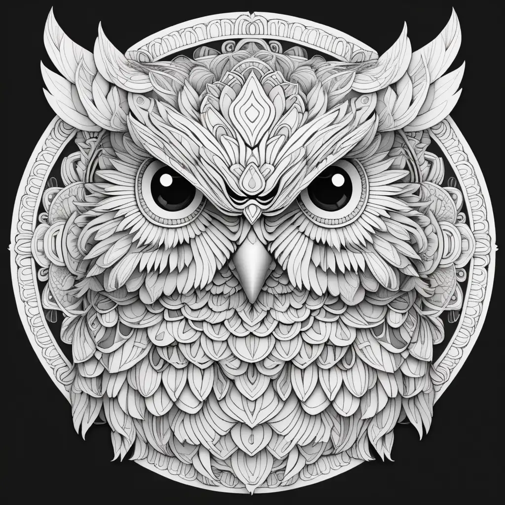 Coloring page with a small owl head in a full and very detailed and very defined 3d pattern mandala on a black background