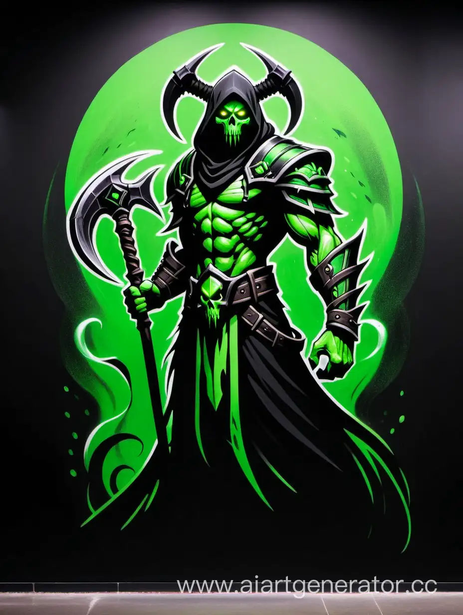 Нарисуй героя с игры Dota 2 Necrophos с косой в черно-зеленом стиле и на черной стене сзади Necrophos надпись Terribles FamQ, чтобы хорошо было видно надпись