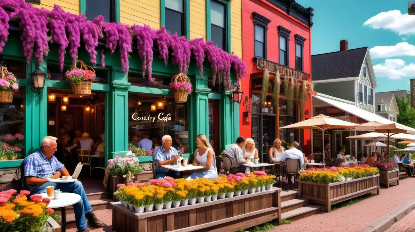 outdoor country cafe decorated with flowers and people sitting, beautiful color buildings surrounding cafe with a street with people walking, in the style of Jack Bush