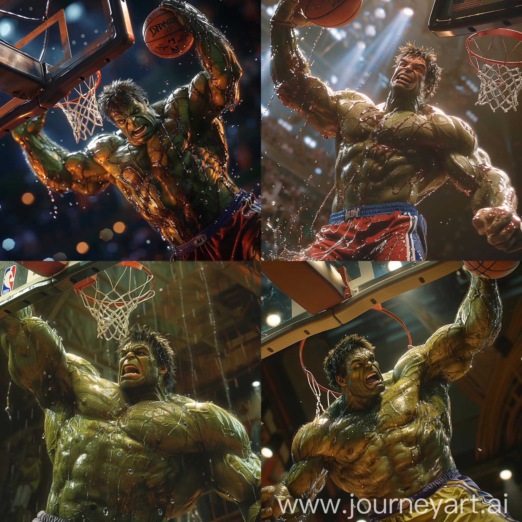 Marvel's Hulk playing basketball, he is jumping to dunk on the hoop and he is dressed in the Lakers uniform, realistic perspective, xbox 360 graphics, surrealistic realism, emotive realism, soggy, eerily realistic  --stylize 750 --v 6.0
