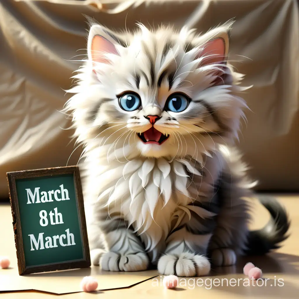 Fluffy kitten and a sign with March 8th