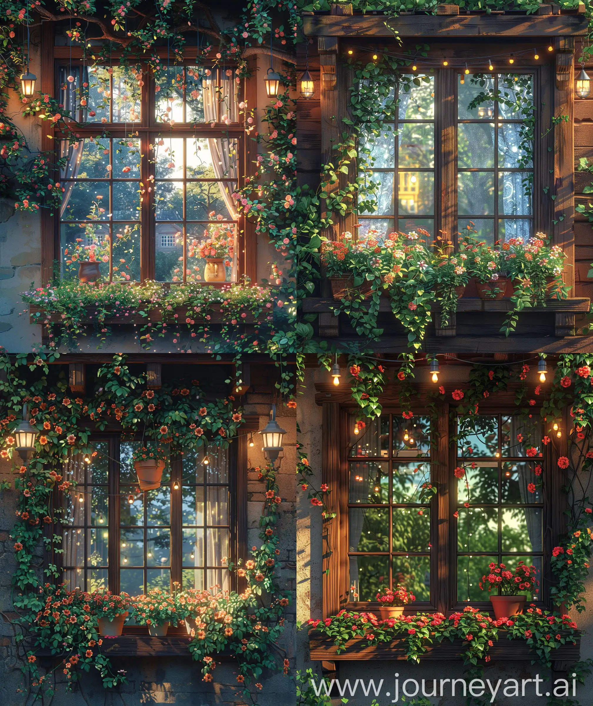 Anime scenary, mokoto shinkai and Ghibli style, beautiful house window decoration with flowers and ivy, aesthetic and beautiful , hanging lights, pot on window pane, day time , sunny spring day, ultra HD, high quality, sharp details, illustration ,no hyperrealistic --ar 27:32 --s 400
