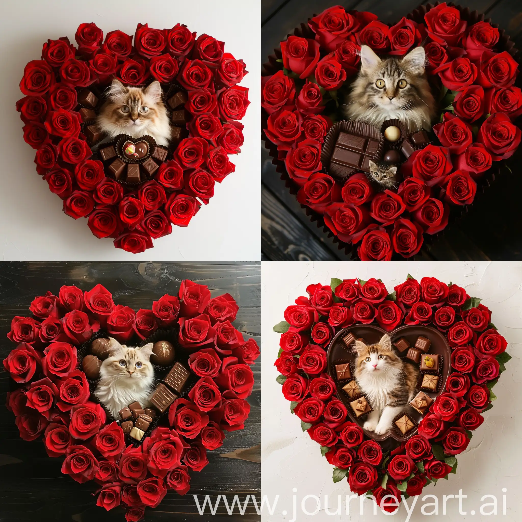 Red roses arranged in a heart shape and a cat in the middle with chocolates.
