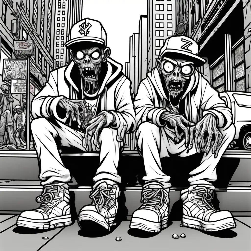 Two hip hop zombies chilling with cap, boots playing music near a nyc subway sneaker store, no color, dark lines, coloring pages for kids 