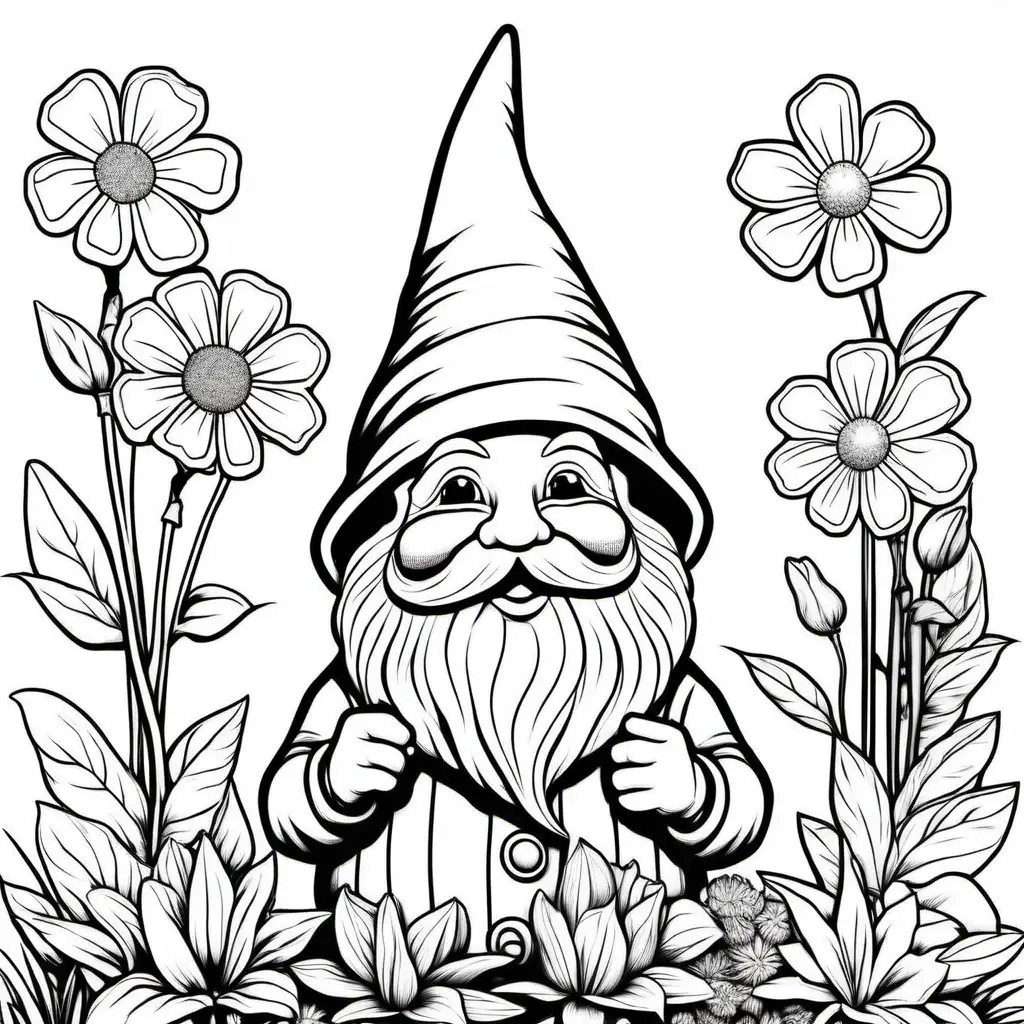 Adorable Garden Gnome Enjoying Fragrant Flowers Coloring Page