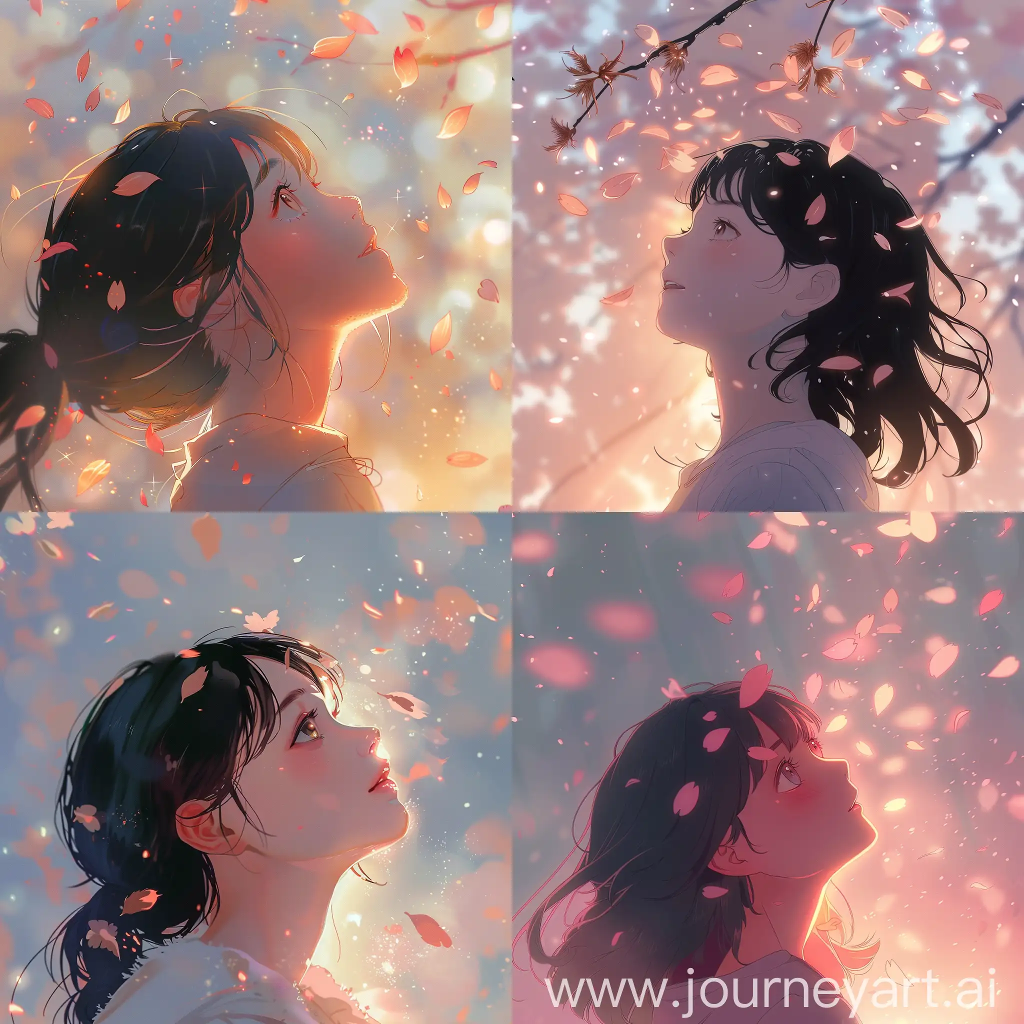 Изображение в стиле аниме , девушка смотрит вверх на небе мягкий блеск , на девушку  падают  листья сакуры , лицо счастливое и нежное но смотрит сбоку на вверх