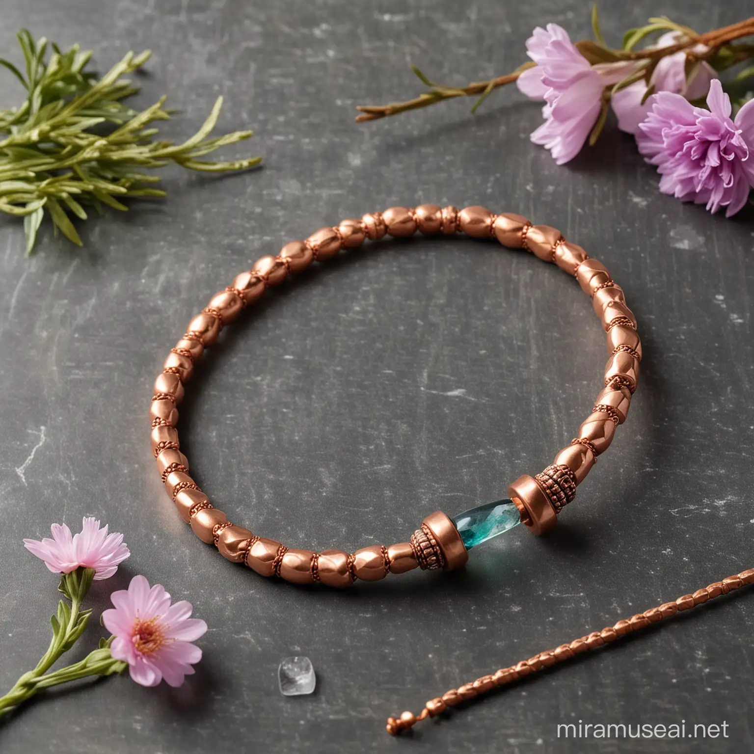 crear una imagen de brazalete de cobre con imanes por dentro, acompañada de cuarzos, incienso y flores