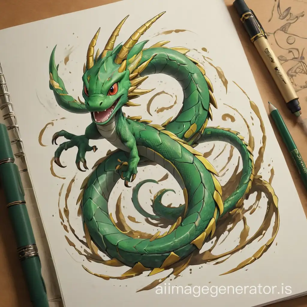 Sketchbook Style, Sketch book, hand drawn, dark, gritty, realistic sketch, Rough sketch, mix of bold dark lines and loose lines, bold lines, on paper, turnaround character sheet, pokemon rayquaza, a green snake advanced dragon, no legs, arcane symbols, runes, dark theme, Perfect composition golden ratio, masterpiece, best quality, 4k, sharp focus. Better hand, perfect anatomy.