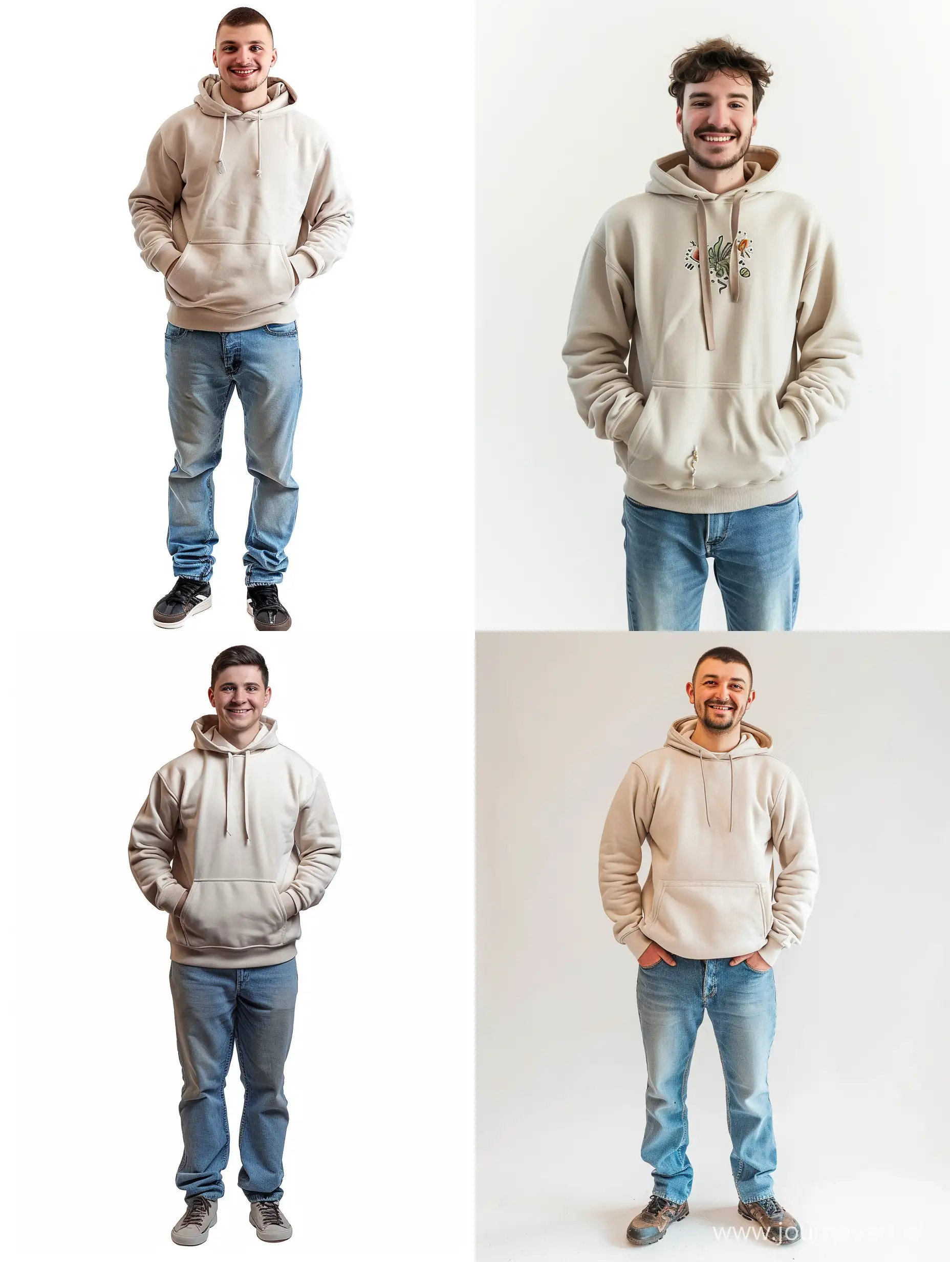 Cheerful-Man-in-Beige-Sweatshirt-and-Blue-Jeans-on-White-Background