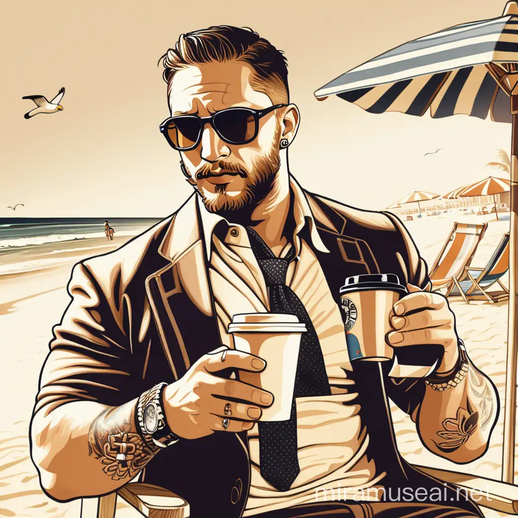 Tom hardy, holding a coffee cup, at the beach, wearing sun glasses, retro style artwork