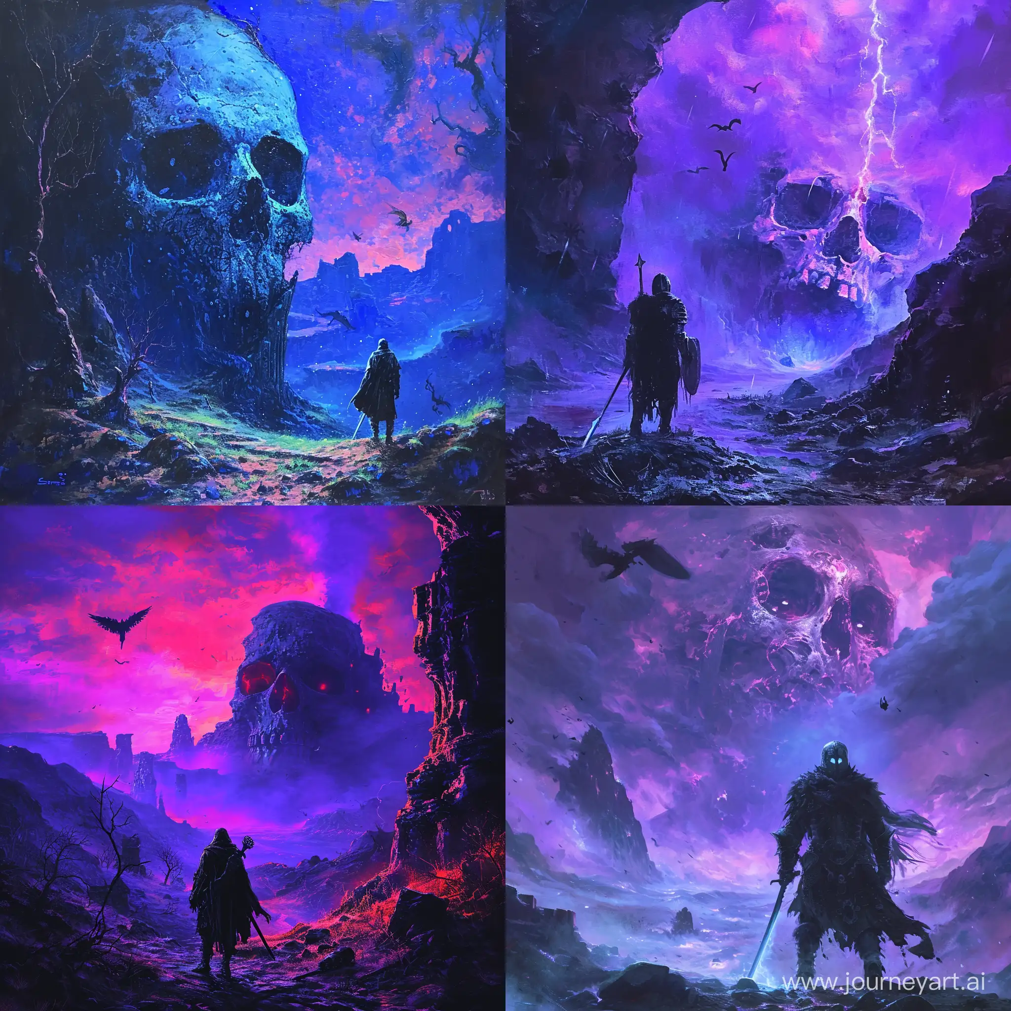 Dusk-Warrior-Confronting-Giant-Skull-with-Blacklight-Paint