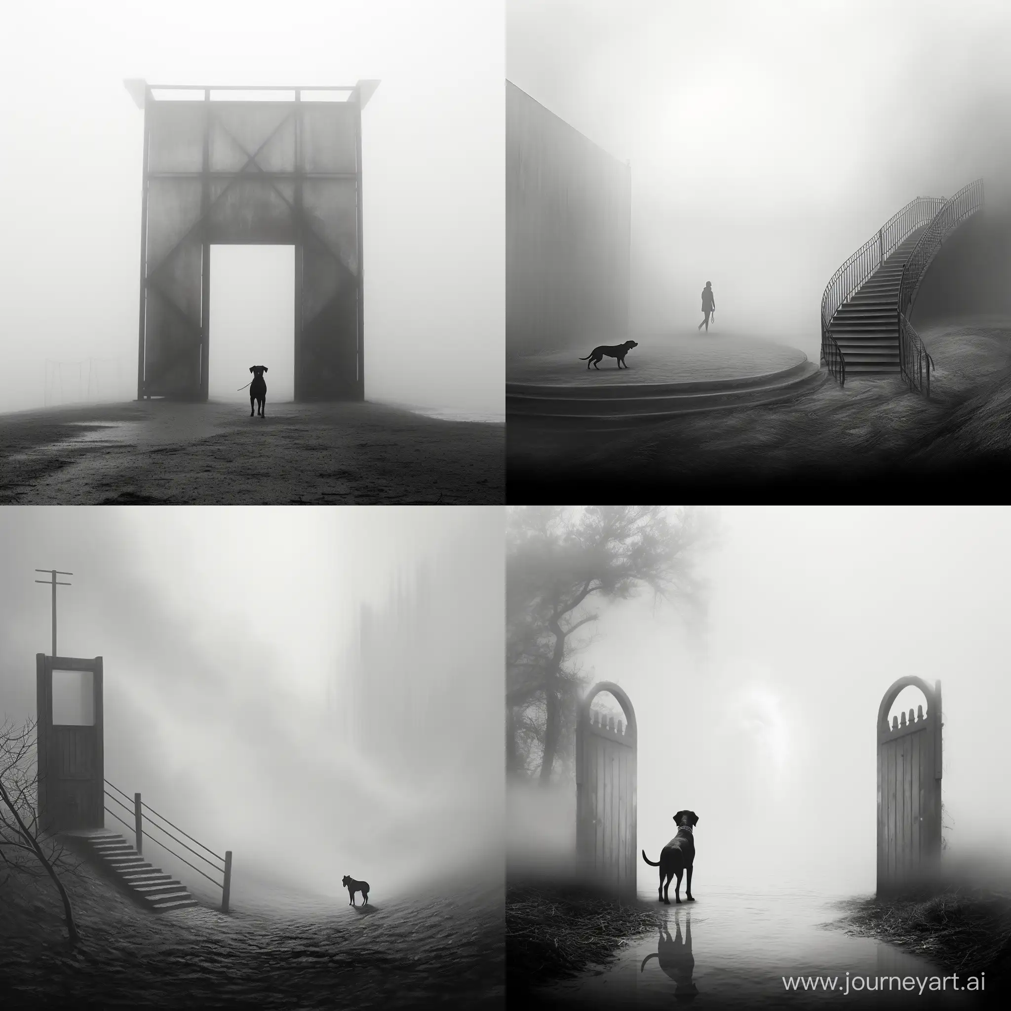 Mysterious-Fog-Gate-with-a-Black-and-White-Dog