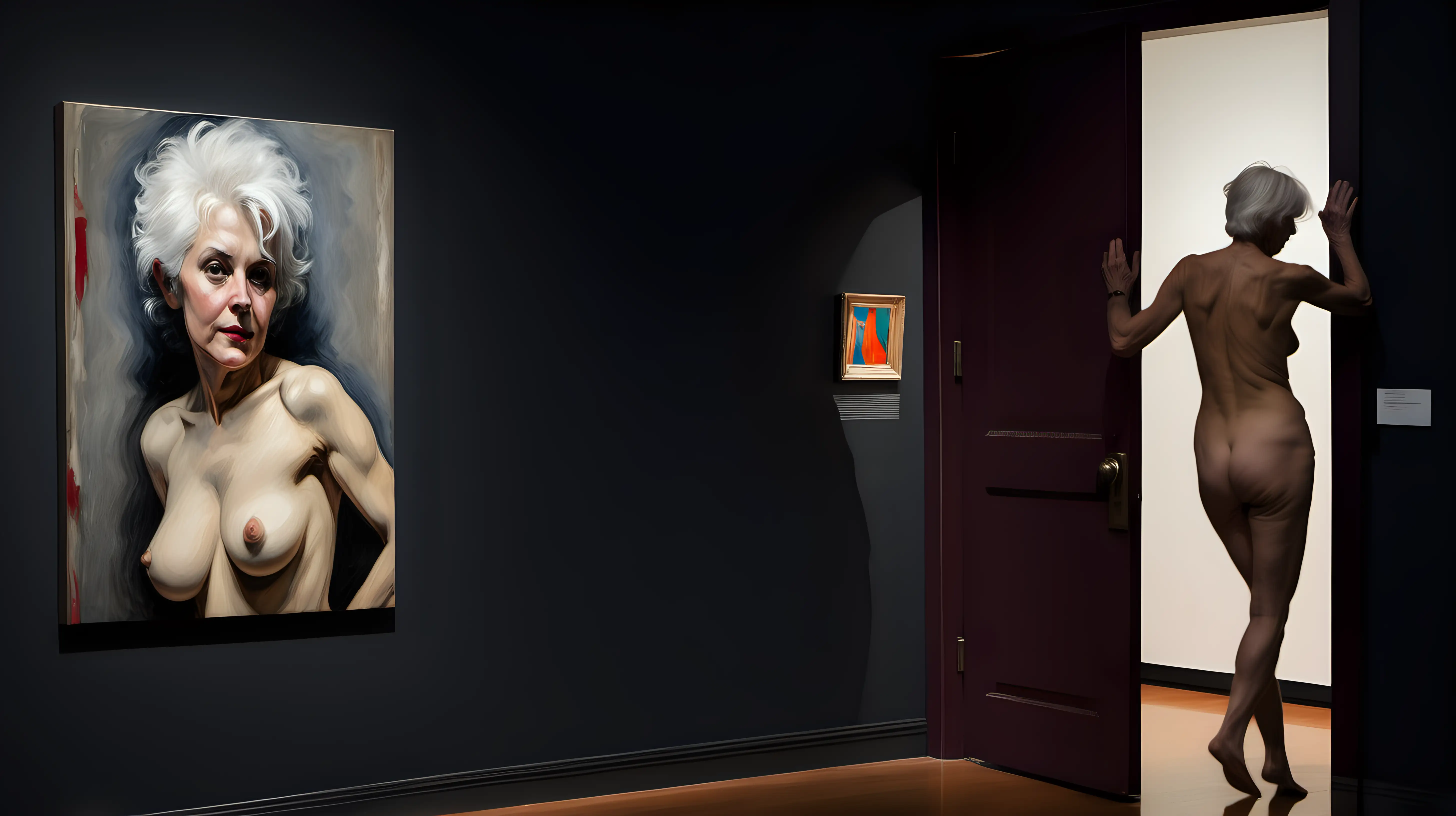 Middle aged white haired Nude wearing scarf sneaking through door into dark background art museum gallery with one small painting on wall