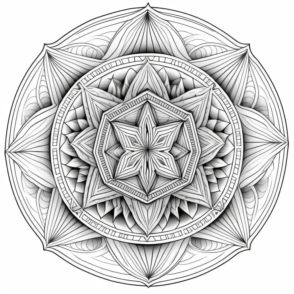 Adult coloring book. Pentagon shape background. Black and white, no shading, no color, thick black outline. Symmetrical mandala made of geometric shapes.