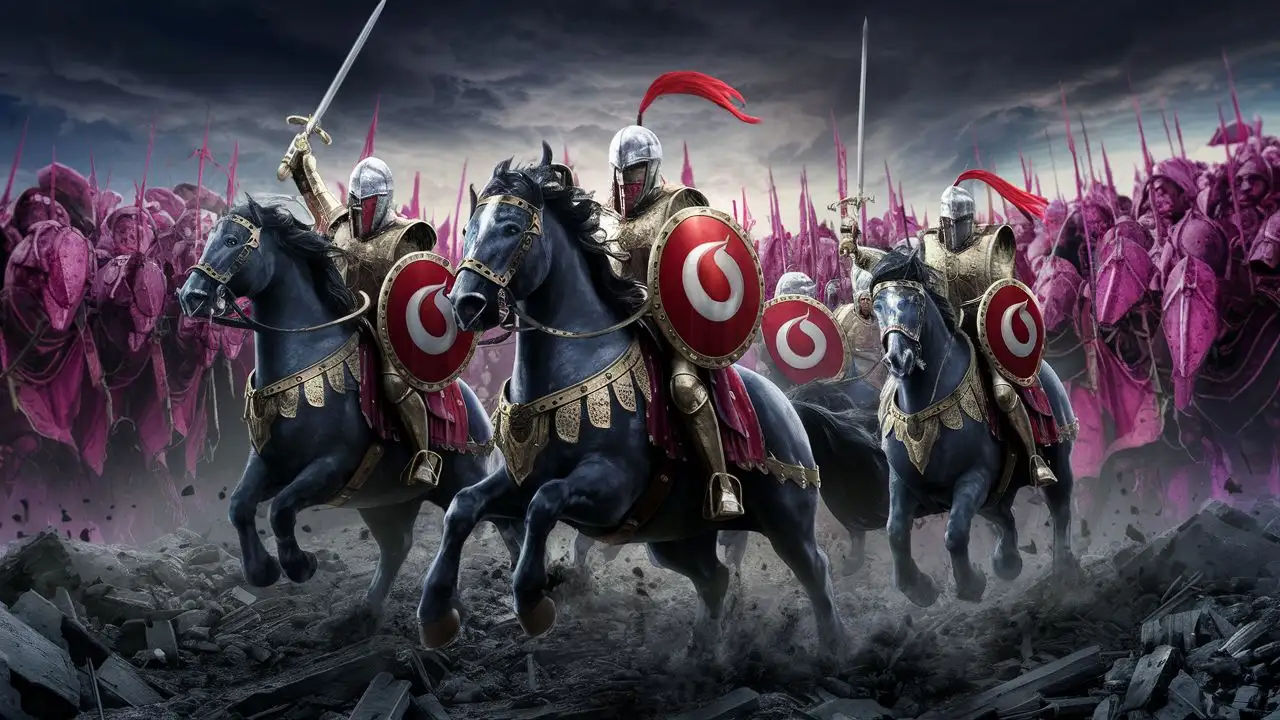 vodafone knights bravely riding into battle agains a magenta army