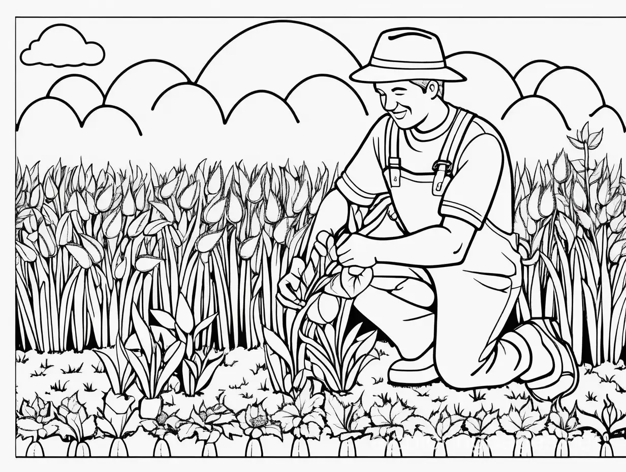 A farmer planting seeds that instantly grow into colorful and magical crops, Coloring Page, black and white, line art, white background, Simplicity, Ample White Space. The background of the coloring page is plain white to make it easy for young children to color within the lines. The outlines of all the subjects are easy to distinguish, making it simple for kids to color without too much difficulty