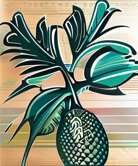 create a modern, circular vector logo featuring one ulu or breadfruit on stem closeup - fruit with leaves. Add west maui mountains in background, Block print technique. 1-2 colors, turquoise color, do not include copy/type on logo. Hawaiian cultural feel. 

