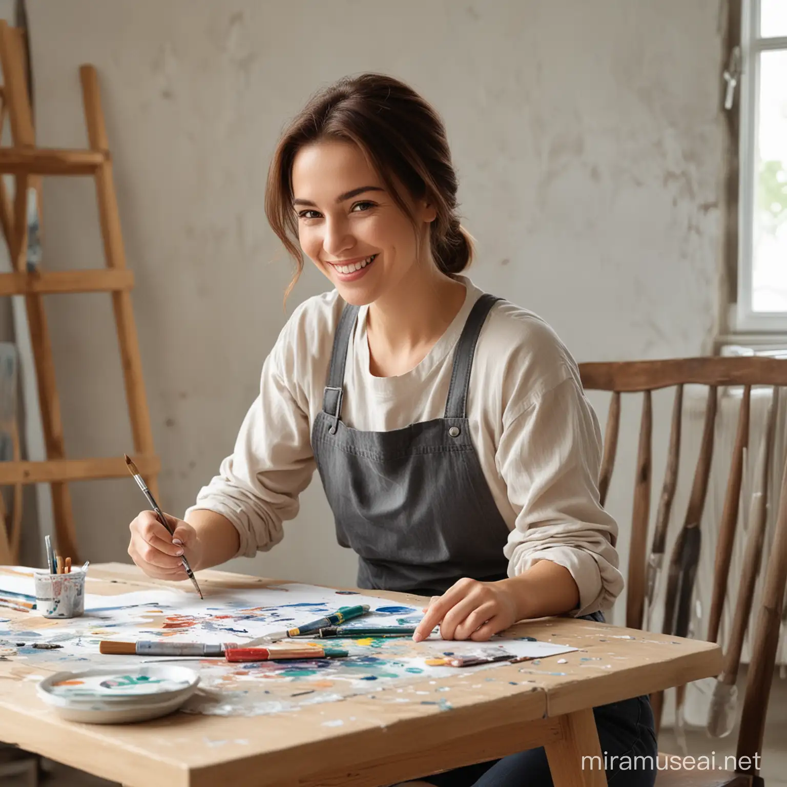 Женщина-художница сидит за столом с кисточкой в руке и улыбается. 