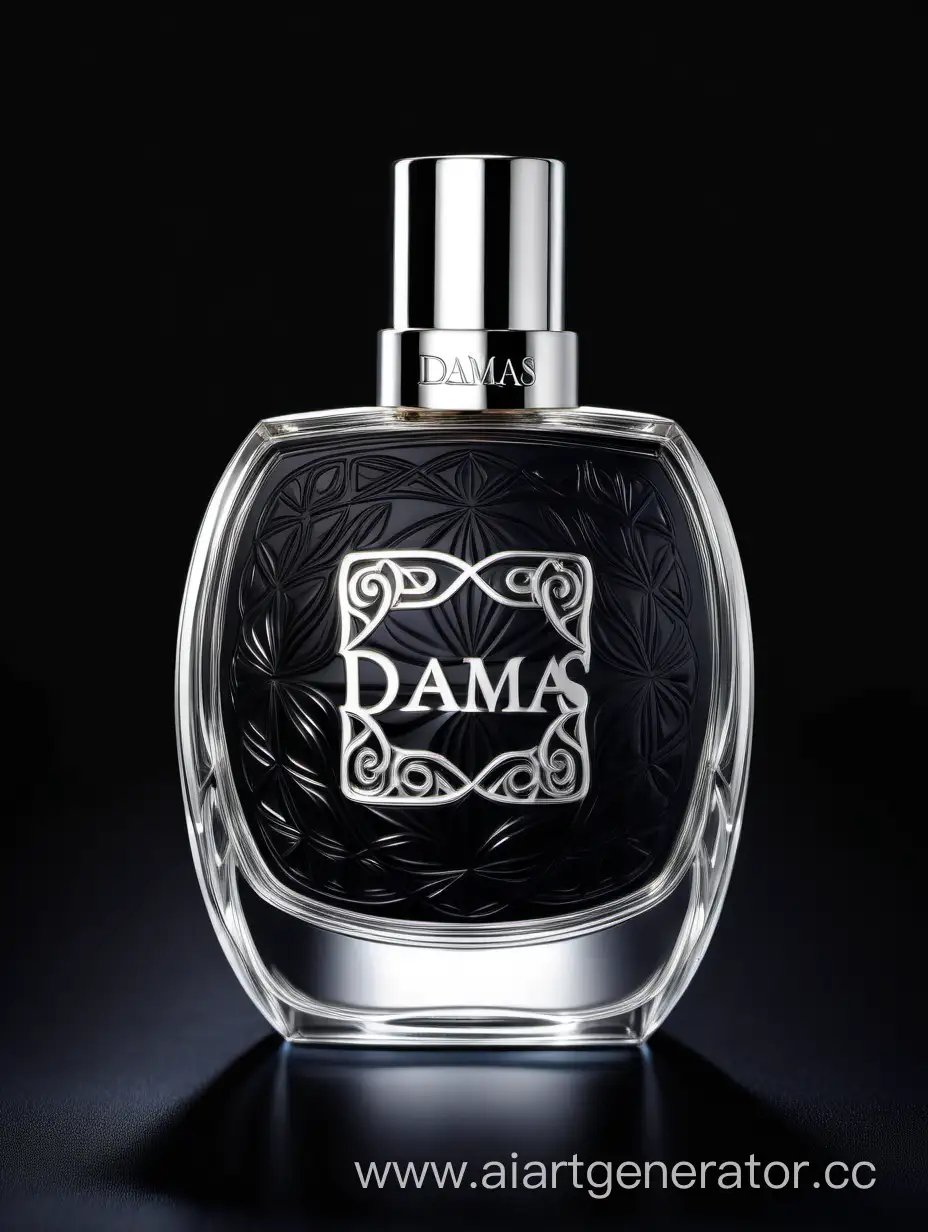 Exquisite-3D-Silver-and-Black-Perfume-with-Damas-Logo-on-a-Dark-Background
